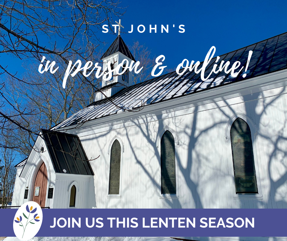 Graphic with image of St John's church in the snow with text 